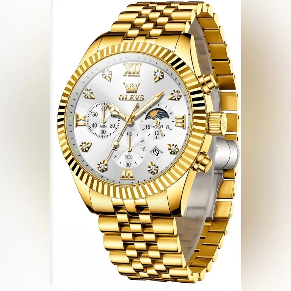 NWT NIB Gold OLEVS Stainless Steel Quartz Watch With Silver Watch Face